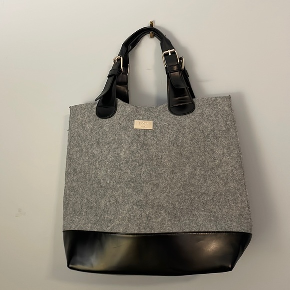 Hugo Boss Bags Boss Hugo Boss Grey Felt Black Faux Leather Tote Bag With Buckle Handle